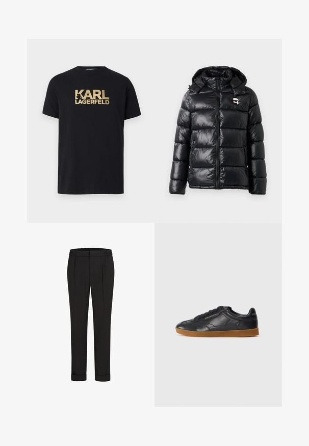 Juodas pūkinis švarkas su blizgiu paviršiumi, su gobtuvu, užtrauktuko uždarymu ir elastingomis rankovėmis. Išskirtiniais bruožais laikomas mažas logotipo pleistras krūtinėje.; Juodas medvilnės marškinėliai su drąsiais auksiniais "KARL LAGERFELD" užrašais ir minimalistiniu dizainu. Trumpomis rankovėmis ir apvalia iškirpte.; Juodi kelnių su elastinga juosmena, tiesaus kirpimo ir sukurtomis rankovėmis. Pagaminti iš lygaus, audinio be raštų.; Juodas odinis sportinis batelis su apvaliu nosies dizainu, raišteliais ir kontrastinga gumine sola. Šone ir gale yra iškilus prekės ženklas.