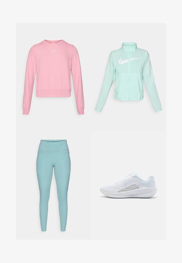 Μιντ πράσινη ζακέτα Nike με ψηλό γιακά, πλήρη φερμουάρ, μακριά μανίκια και εξέχον λευκό σήμα swoosh στο στήθος. Ελαφρύ ύφασμα.; Ροζ φούτερ από μαλακό ύφασμα, με στρογγυλή λαιμόκοψη, μακριά μανίκια και μικρό λευκό λογότυπο στο στήθος. Το τελείωμα είναι ελαφρώς κοντό.; Πλάγίες μπλε κολάν από ελαστικό υλικό, με ψηλό μέσο, χωρίς ραφές και ελάχιστες λευκές λεπτομέρειες στις πλευρές.; Λευκό αθλητικό παπούτσι με πλέγμα επάνω, στρογγυλή μύτη και υφασμάτινη σόλα. Διαθέτει ασημένιο σήμα της Nike και μινιμαλιστικό σχεδιασμό.