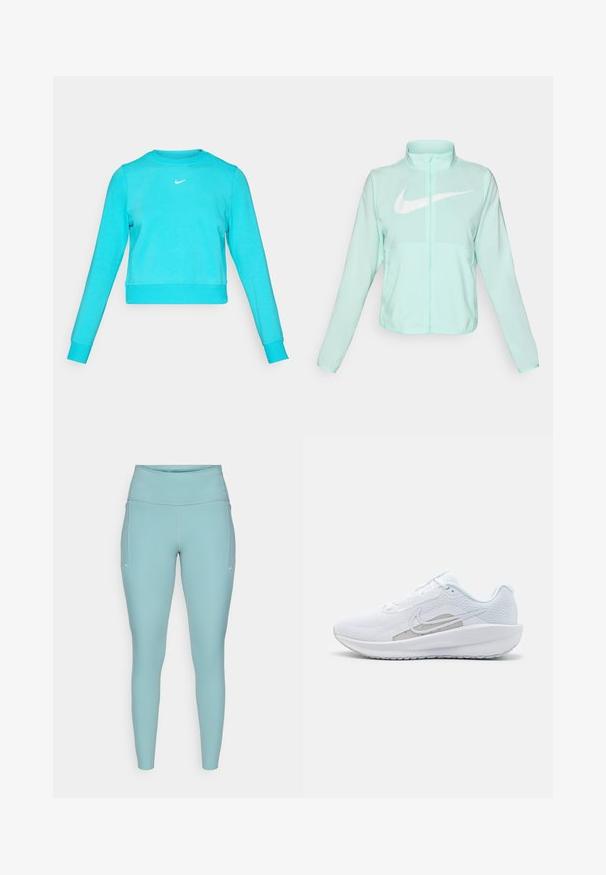 Miętowo-zielona kurtka Nike z wysokim kołnierzem, pełnym zamkiem błyskawicznym, długimi rękawami i wyraźnym białym logo swoosh na piersi. Lekki materiał.; Turkusowy krótki sweatshirt z długimi rękawami, okrągłym dekoltem i małym białym logo Nike na klatce piersiowej. Miękki, teksturowany materiał.; Jasnoniebieskie legginsy wykonane z elastycznego materiału, z wysokim pasem, bezszwowym wzornictwem i minimalnymi białymi akcentami po bokach.; Białe sportowe buty z siateczkową cholewką, zaokrąglonym noskiem i teksturowaną podeszwą. Posiadają srebrny logo Nike i minimalistyczny design.