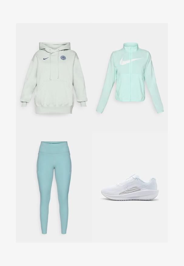 Mintgrønn Nike-jakke med høy krage, full glidelås, lange ermer og en fremtredende hvit swoosh-logo på brystet. Lettvektsmateriale.; Lys grøn hettegenser med en stor frontlomme, snor og ribbestrikkede ermer. Har en blå Nike-logo og et rundt blått emblem på brystet.; Lyseblå treningstights laget av elastisk materiale, med høy midje, sømløst design og minimale hvite detaljer på sidene.; Hvit sportssko med mesh-overdel, rund tå og teksturert såle. Har en sølvfarget Nike swoosh og et minimalistisk design.