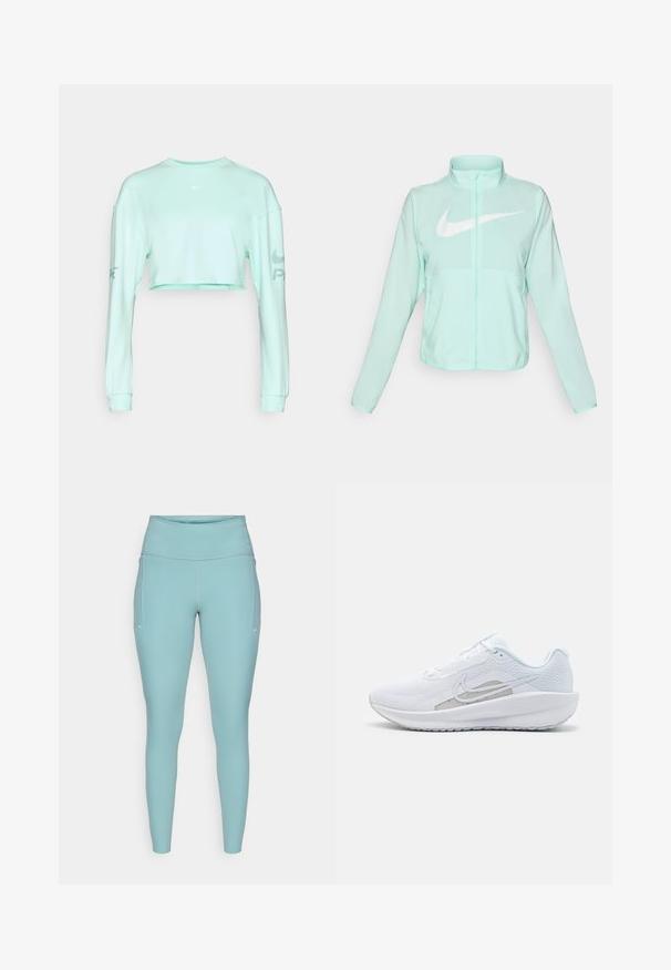 Mintgrøn Nike-jakke med høj krave, fuld lynlås, lange ærmer og et fremtrædende hvidt swoosh-logo på brystet. Letvægtsstof.; Mintgrøn crop sweatshirt med lange ærmer, der har en rund halsudskæring og et lille hvidt Nike-logo på brystet og armen.; Lyseblå leggings lavet af strækbart materiale, med en høj talje, sømløst design og minimale hvide detaljer på siderne.; Hvid træningssko med mesh-overdel, rund tå og tekstureret sål. Har et sølvfarvet Nike-swoosh og et minimalistisk design.