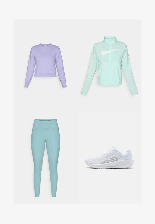 Mintgrøn Nike-jakke med høj krave, fuld lynlås, lange ærmer og et fremtrædende hvidt swoosh-logo på brystet. Letvægtsstof.; Lilla cropped sweatshirt lavet af blød stof med rund halsudskæring, ribbede manchetter og et lille hvidt Nike-logo på brystet.; Lyseblå leggings lavet af strækbart materiale, med en høj talje, sømløst design og minimale hvide detaljer på siderne.; Hvid træningssko med mesh-overdel, rund tå og tekstureret sål. Har et sølvfarvet Nike-swoosh og et minimalistisk design.