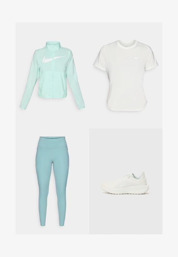 Mint green Nike jacket with a high collar, full zipper, long sleeves, and a prominent white swoosh logo on the chest. Lightweight fabric.; Nike T-shirt in white, short sleeves, round neckline, made from a smooth, lightweight fabric. Features a subtle logo on the chest.; Light blue leggings made of stretchable material, featuring a high waistband, seamless design, and minimal white accents on the sides.; White athletic shoes with a textured upper, padded collar, and lace closure. Features a curved outsole and subtle branding on the side.