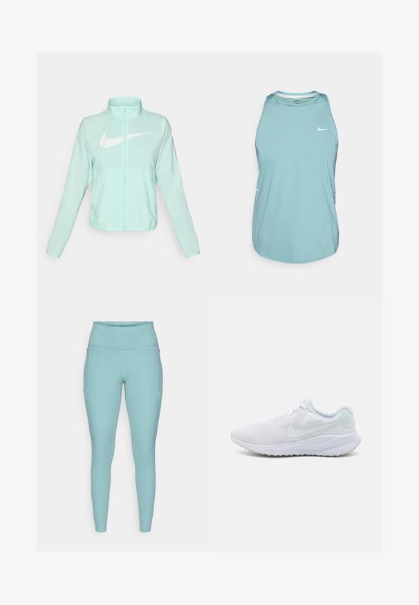 Mátově zelená Nike bunda s vysokým límcem, plným zipem, dlouhými rukávy a výrazným bílým swoosh logem na hrudi. Lehce prodyšný materiál.; Svetle modré bezramínkové sportovní tričko vyrobené z hladkého, syntetického materiálu. Má kulatý výstřih a malé bílé logo na přední straně.; Světle modré legíny vyrobené z elastického materiálu, s vysokým pasem, bezšvovým designem a minimálními bílými akcenty po stranách.; Bílé sportovní boty s síťovaným svrškem, texturovaným designem, zaoblenou špičkou, polstrovaným límcem a světle modrými akcenty na patě. Gumová podešev.