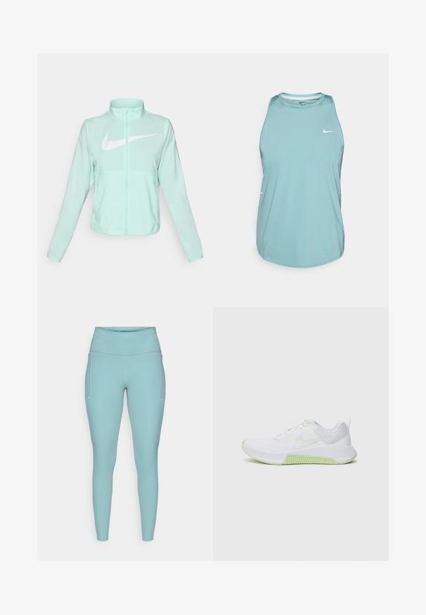 Mint green Nike jacket with a high collar, full zipper, long sleeves, and a prominent white swoosh logo on the chest. Lightweight fabric.; Light blue sleeveless athletic tank top made of smooth, synthetic material. Features a round neckline and small white logo on the front.; Light blue leggings made of stretchable material, featuring a high waistband, seamless design, and minimal white accents on the sides.; White athletic shoes with textured mesh upper, lime green accents on the sole and laces, and a rounded toe design for flexibility.