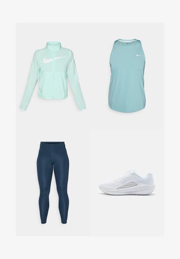 Mint green Nike jacket with a high collar, full zipper, long sleeves, and a prominent white swoosh logo on the chest. Lightweight fabric.; Light blue sleeveless athletic tank top made of smooth, synthetic material. Features a round neckline and small white logo on the front.; Navy blue leggings with a high waistband, crafted from a smooth, elastic material, featuring a fitted silhouette and no visible patterns.; White athletic shoe with mesh upper, rounded toe, and textured sole. Features a silver Nike swoosh and minimalistic design.