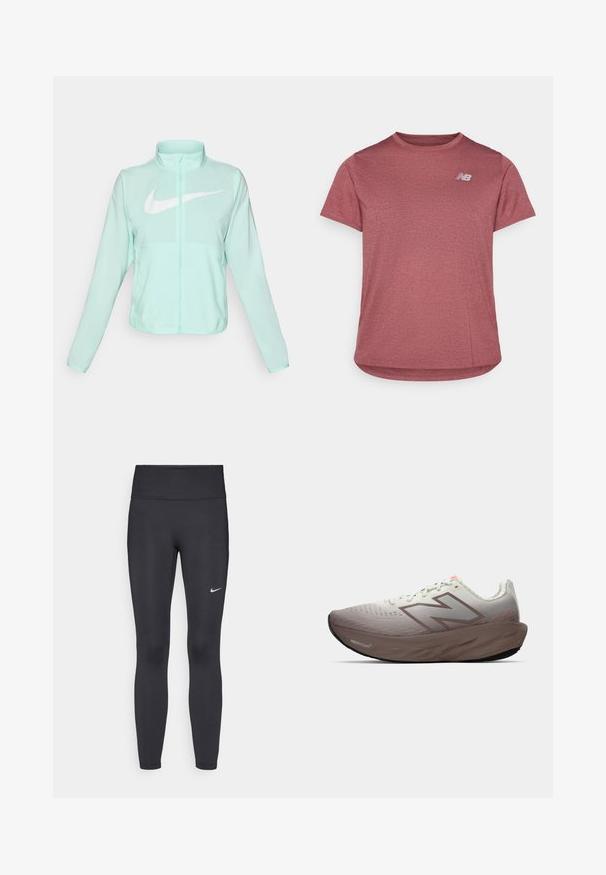 Casaco Nike verde menta com colarinho alto, fecho completo, mangas longas e um proeminente logótipo swoosh branco no peito. Tecido leve.; T-shirt curto vermelho de manga curta feito de tecido respirável. Possui gola redonda e um logótipo no lado superior esquerdo. Textura suave e leve.; Leggings pretos feitos de tecido elástico, com uma cintura alta e um logo branco da Nike na coxa esquerda. Textura suave, design ajustado ao corpo.; Sapatilha de corrida com parte superior em cinza e castanho em degradê, sola grossa castanha rotulada "Fresh Foam" e logótipo da New Balance na lateral.