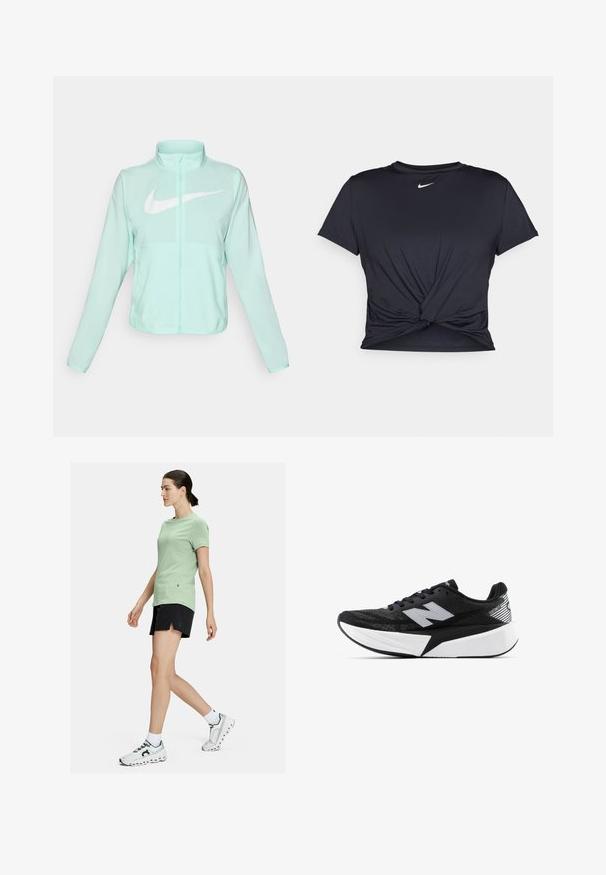 Jaka mint zelene barve Nike z visokim ovratnikom, polnim zadrgo, dolgimi rokavi in izrazitim belim logotipom swoosh na prsih. Lahka tkanina.; Črna atletska majica iz gladkega materiala, z vozlanim sprednjim delom in majhnim belim logotipom Nike na prsih.; On ESSENTIAL - Športne kratke hlače - black; Črno-bela tekaška obutev New Balance z debelim podplatom, mrežnim zgornjim delom in logotipom "N" na strani, prikazana s zunanje strani.