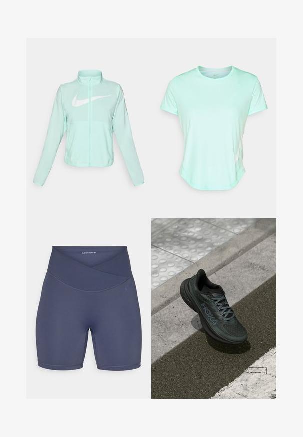 Mėtų žalios spalvos Nike striukė su aukštu apykakle, pilnu užtrauktuku, ilgomis rankovėmis ir ryškia balta swoosh logotipu krūtinėje. Lengvas audinys.; Mėtų žalios spalvos trumpomis rankovėmis sportinis marškinėliai, lygus audinys, apvaliu kaklu ir diskretišku Nike logotipu šone. Šiek tiek išlenktas apatinis kraštas.; Tamsiai mėlynos, aukštu liemeniu, elastinio audinio šortai, su kryžminiu liemens dizainu ir plokščiais siūlais patogumui.; Juodas bėgimo batelis su tinkline viršutine dalimi, tekstūruotomis akcentais ir logotipu, su paminkštintu padu ir pilkomis raištelėmis, padėtas ant asfalto.