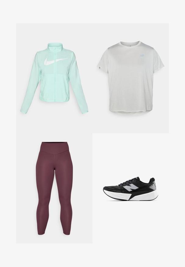 Jaka mint zelene Nike boje s visokim ovratnikom, punim patentnim zatvaračem, dugim rukavima i istaknutim bijelim Swoosh logom na prsima. Lagani materijal.; Sive kratke majice s mrežastom teksturom, s malim plavim logotipom na gornjoj lijevoj strani i zaobljenim rubom.; Bordo tajice izrađene od rastezljivog materijala; visok pojas, uski kroj, glatka tekstura, bez šavova i bez vidljivih uzoraka ili akcenta.; Crno-bijela New Balance trkačka cipela s debelim potplatom, mrežastim gornjim dijelom i "N" logotipom sa strane, prikazana s vanjske strane.