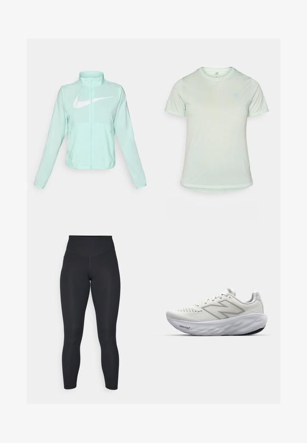 Mint green Nike jacket with a high collar, full zipper, long sleeves, and a prominent white swoosh logo on the chest. Lightweight fabric.; Light green, short-sleeved athletic shirt with a textured mesh fabric and rounded neckline; features a small blue New Balance logo.; Black leggings with a high waist, smooth texture, and fitted design. Features flat seams and full-length coverage with no patterns.; White athletic shoes with a mesh upper, featuring a padded collar, textured sole, and the "Fresh Foam" branding on the midsole.