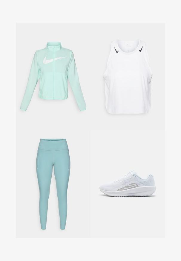 Mint green Nike jacket with a high collar, full zipper, long sleeves, and a prominent white swoosh logo on the chest. Lightweight fabric.; White sleeveless tank top made of lightweight fabric, featuring black Nike logo accents on shoulders, round neckline, and relaxed fit.; Light blue leggings made of stretchable material, featuring a high waistband, seamless design, and minimal white accents on the sides.; White athletic shoe with mesh upper, rounded toe, and textured sole. Features a silver Nike swoosh and minimalistic design.