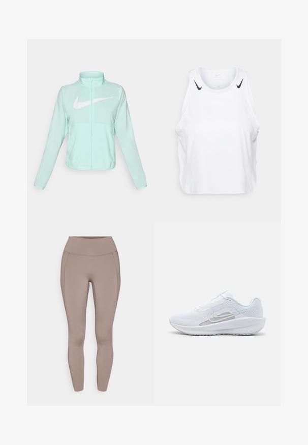 Giacca Nike verde menta con colletto alto, zipper completa, maniche lunghe e un grande logo swoosh bianco sul petto. Tessuto leggero.; Top senza maniche bianco realizzato in tessuto leggero, con accenti del logo Nike nero sulle spalle, scollatura rotonda e vestibilità morbida.; Leggings a vita alta realizzati in tessuto morbido ed elastico di colore taupe, con un design aderente e dettagli delle cuciture fini.; Scarpa sportiva bianca con tomaia in rete, punta arrotondata e suola testurizzata. Presenta il logo Nike in argento e un design minimalista.
