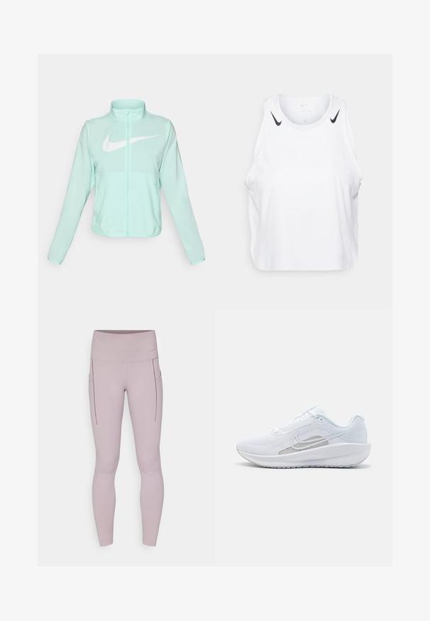 Jachetă Nike verde mentă cu un guler înalt, fermoar complet, mâneci lungi și un logo alb proeminent în formă de swoosh pe piept. Material ușor.; Top fără mâneci alb, realizat dintr-un material ușor, cu accente ale logo-ului Nike de culoare neagră pe umeri, gât rotund și croială lejeră.; Colanți de culoare mauve deschis, realizați dintr-un material elastic, cu un talie înaltă și buzunare laterale cu detalii de cusătură.; Pantof de atletism alb cu plasă superioară, vârf rotunjit și talpă texturată. Prezentă un logo Nike argintiu și un design minimalist.