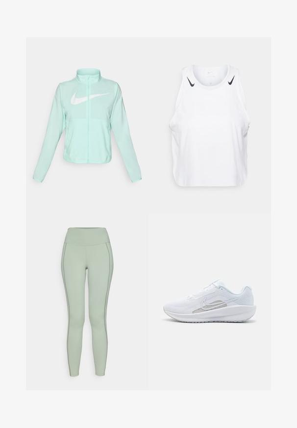 Chaqueta Nike de color verde menta con un alto cuello, cremallera completa, mangas largas y un prominente logo en forma de swoosh blanco en el pecho. Tejido ligero.; Top sin mangas blanco de tela ligera, con detalles del logo negro de Nike en los hombros, escote redondo y ajuste holgado.; Leggings verde menta con cintura alta; presenta costuras en contraste a lo largo de las costuras laterales; fabricados con un material elástico y suave.; Zapatilla deportiva blanca con parte superior de malla, punta redondeada y suela texturizada. Presenta un swoosh de Nike plateado y un diseño minimalista.