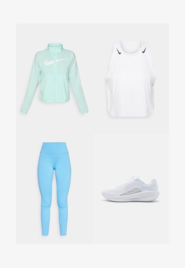 Miętowo-zielona kurtka Nike z wysokim kołnierzem, pełnym zamkiem błyskawicznym, długimi rękawami i wyraźnym białym logo swoosh na piersi. Lekki materiał.; Biała bezrękawnikowa koszulka wykonana z lekkiego materiału, z czarnymi akcentami logo Nike na ramionach, okrągłym dekoltem i luźnym krojem.; Niebieskie legginsy z wysokim stanem wykonane z elastycznego materiału, o gładkiej fakturze i dopasowanym kroju. Dyskretny logo Nike blisko kostki.; Białe sportowe buty z siateczkową cholewką, zaokrąglonym noskiem i teksturowaną podeszwą. Posiadają srebrny logo Nike i minimalistyczny design.