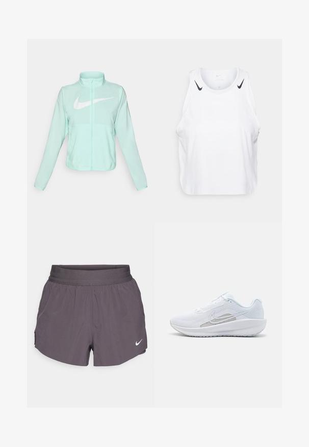 Jaka mint zelene barve Nike z visokim ovratnikom, polnim zadrgo, dolgimi rokavi in izrazitim belim logotipom swoosh na prsih. Lahka tkanina.; Bela brezrokavnik iz lahkega materiala, s črnimi Nike logotipnimi poudarki na ramenih, okroglo ovratnico in sproščenim krojem.; Nike tekaški kratki hlače v temno sivi barvi, z širokim elastičnim pasom, lahkotno tkanino, stranskimi žepi in diskretnim logotipom v beli barvi.; Bela športna čevlja z mrežastim zgornjim delom, zaobljenim nosom in teksturiranim podplatom. Ima srebrni Nike znak in minimalističen dizajn.