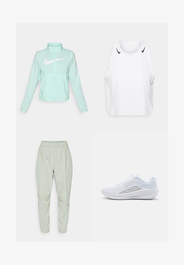 Mintgrøn Nike-jakke med høj krave, fuld lynlås, lange ærmer og et fremtrædende hvidt swoosh-logo på brystet. Letvægtsstof.; Hvid ærmeløs tanktop lavet af letvægtsmateriale, med sorte Nike-logo detaljer på skuldrene, rund halsudskæring og afslappet pasform.; Nike Performance DRI-FIT FAST - Træningsbukser - jade horizon; Hvid træningssko med mesh-overdel, rund tå og tekstureret sål. Har et sølvfarvet Nike-swoosh og et minimalistisk design.