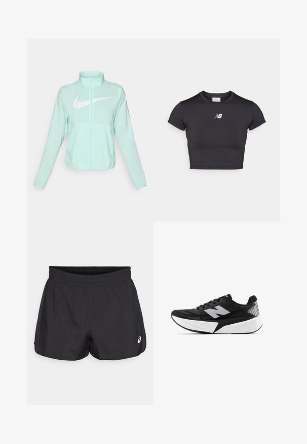 Mintgrüner Nike-Jacke mit hohem Kragen, durchgehendem Reißverschluss, langen Ärmeln und einem auffälligen weißen Swoosh-Logo auf der Brust. Leichtes Material.; Schwarzes, kurzes Sport-T-Shirt mit kurzen Ärmeln, aus dehnbarem Stoff. Besitzt ein weißes Logo auf der Vorderseite, einen rundlichen Halsausschnitt und ein figurnahes Design.; Schwarze Sport Shorts mit einem elastischen Bund, glatter Textur, geschwungenem Saum und seitlichen Mesh-Akzenten. Mit einem kleinen Logo auf der Vorderseite.; Schwarzer und weißer New Balance Laufschuh mit dicker Sohle, Mesh-Obermaterial und "N"-Logo an der Seite, von der Außenseite betrachtet.