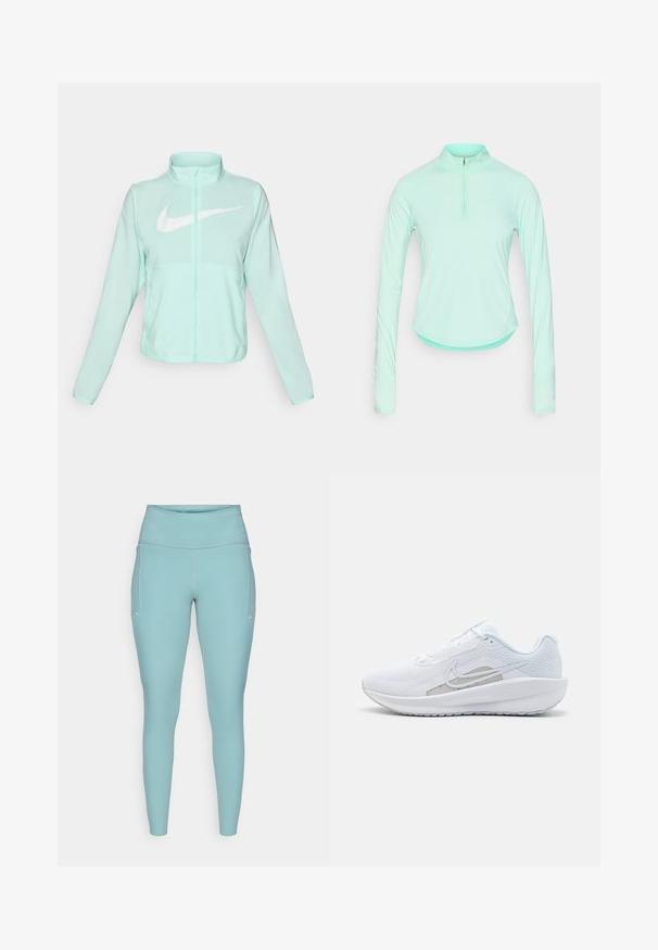 Mintgrøn Nike-jakke med høj krave, fuld lynlås, lange ærmer og et fremtrædende hvidt swoosh-logo på brystet. Letvægtsstof.; Mintgrøn langærmet atletisk skjorte med lynlåsekrave, der har en tætsiddende pasform og glat, let materiale.; Lyseblå leggings lavet af strækbart materiale, med en høj talje, sømløst design og minimale hvide detaljer på siderne.; Hvid træningssko med mesh-overdel, rund tå og tekstureret sål. Har et sølvfarvet Nike-swoosh og et minimalistisk design.