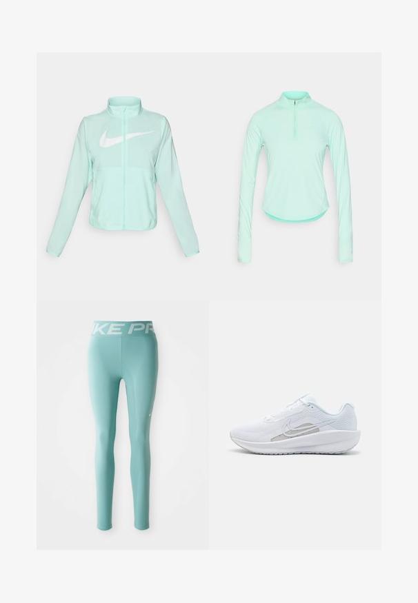 Chaqueta Nike de color verde menta con un alto cuello, cremallera completa, mangas largas y un prominente logo en forma de swoosh blanco en el pecho. Tejido ligero.; Camisa deportiva de manga larga color verde menta con cuello con cremallera, que presenta un diseño ajustado y una tela suave y ligera.; Leggings atléticos de todo largo en azul claro con una cinturilla blanca de la marca Nike Pro y un pequeño swoosh blanco de Nike en el muslo derecho.; Zapatilla deportiva blanca con parte superior de malla, punta redondeada y suela texturizada. Presenta un swoosh de Nike plateado y un diseño minimalista.