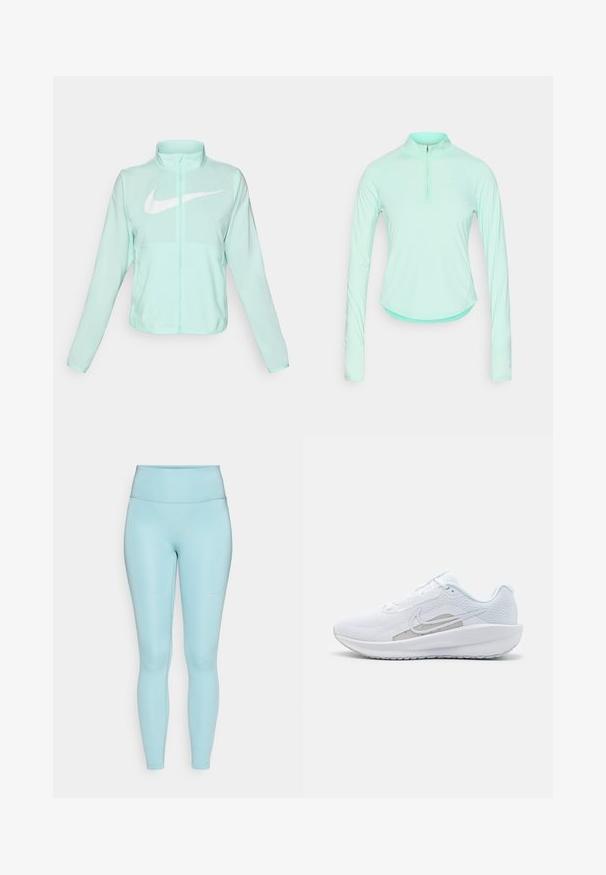 Mint green Nike jacket with a high collar, full zipper, long sleeves, and a prominent white swoosh logo on the chest. Lightweight fabric.; Mint green long-sleeve athletic shirt with a zippered collar, featuring a fitted design and smooth, lightweight fabric.; Light blue high-waisted leggings with a smooth, stretchy texture. Features minimal stitching and a small logo on the thigh.; White athletic shoe with mesh upper, rounded toe, and textured sole. Features a silver Nike swoosh and minimalistic design.