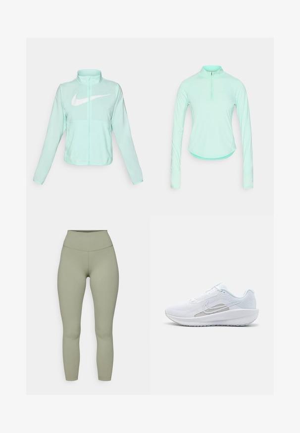 Veste Nike vert menthe avec un col haut, fermeture éclair complète, manches longues et un logo swoosh blanc bien visible sur la poitrine. Tissu léger.; T-shirt de sport à manches longues vert menthe avec un col zippé, doté d'un design ajusté et d'un tissu lisse et léger.; Leggings taille haute, moulants, en tissu doux de couleur olive. Texture lisse avec des coutures renforcées et sans motifs ni accents visibles.; Baskets blanches avec une tige en mesh, bout rond et semelle texturée. Présentent un swoosh Nike argenté et un design minimaliste.