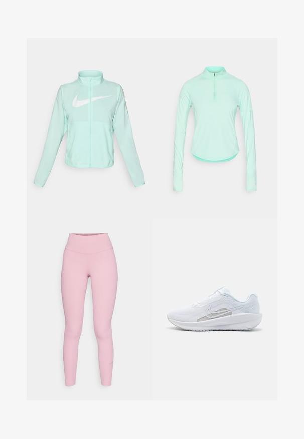 Mintgroene Nike-jas met een hoge kraag, volledige rits, lange mouwen en een opvallend wit swoosh-logo op de borst. Lichtgewicht stof.; Mintgroene lange mouwen sportshirt met een ritskraag, met een getailleerd ontwerp en een gladde, lichte stof.; Roze leggings met een hoge tailleband, gemaakt van soepel, rekbaar materiaal. Heeft een kleine logo-accent nabij de enkel. Gestroomlijnd ontwerp.; Witte sportieve schoen met een bovenwerk van mesh, ronde neus en een textuurzool. Beschikt over een zilveren Nike swoosh en een minimalistisch ontwerp.