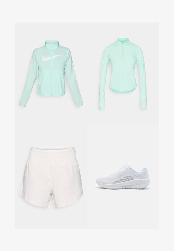 Mündroheline Nike jakk kõrge krae, täispikk tõmblukuga, pikkade varrukatega ja silmapaistva valge swoosh-logo kaeluse peal. Kerge kangas.; Müntroheline pika varrukaga sportlik särk, millel on tõmblukuga krae, millel on kehaüfitav disain ja sile, kerge kangas.; Heledadbeige spordilühikesed püksid elastse vööga, kaardus servaga ja väikese valge logoga paremal küljel. Sile kangastekstuuri.; Valge sportlik king, millel on võrgusilmast ülemine osa, ümar varvas ja tekstureeritud tallad. Omab hõbedast Nike logo ja minimalistikku disaini.