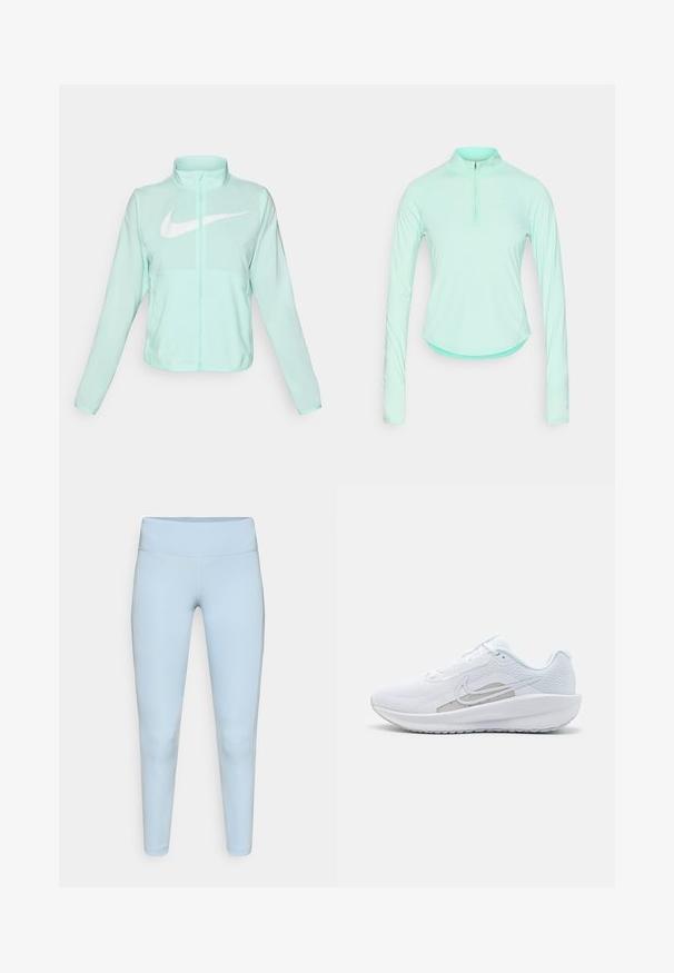 Mintgrön Nike-jacka med hög krage, full dragkedja, långa ärmar och en framträdande vit swoosh-logotyp på bröstet. Lätt tyg.; Mintgrön långärmad träningsskjorta med zip-up krage, med en figursydd design och mjuk, lättvikts tyg.; Ljusblå leggings gjorda av elastisk tyg, med en slät midja och en figursydd design utan synliga sömmar.; Vit sportskor med övre del av mesh, rund tå och texturerad sula. Har en silverfärgad Nike swoosh och en minimalistisk design.