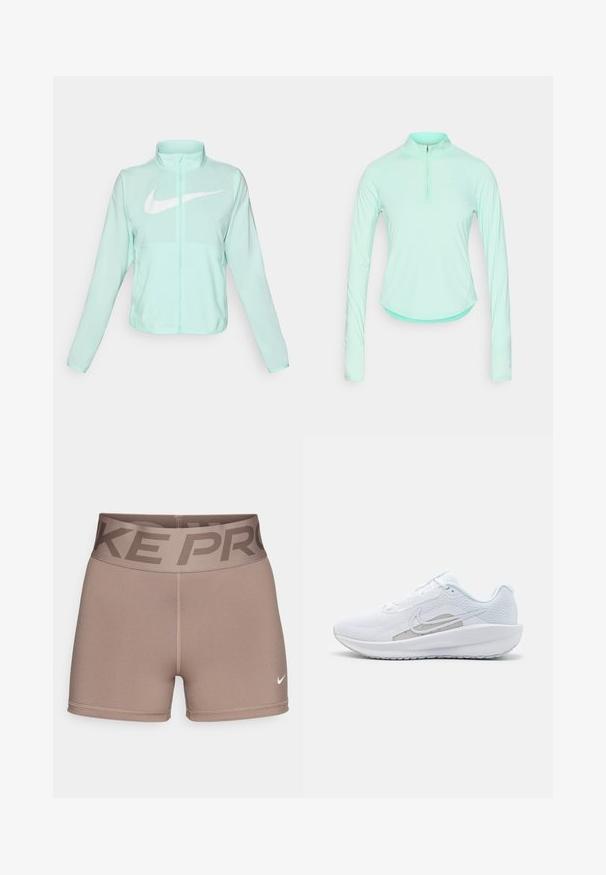 Jaka mint zelene Nike boje s visokim ovratnikom, punim patentnim zatvaračem, dugim rukavima i istaknutim bijelim Swoosh logom na prsima. Lagani materijal.; Majica dugih rukava u mint zelenoj boji za sport, s ovratnikom na zatvarač, koja ima prilagođen dizajn i glatku, laganu tkaninu.; Svijetlosmeđi Nike Pro kratke hlače s širokim pojasom na kojem se nalazi tamno "NIKE PRO" natpis. Izrađene su od rastezljivog, glatkog materijala, s malim logotipom kao akcentom.; Bijela atletska cipela s mrežastom gornjom površinom, zaobljenim nožnim prstom i teksturiranim potplatom. Sadrži srebrni Nike swoosh i minimalistički dizajn.
