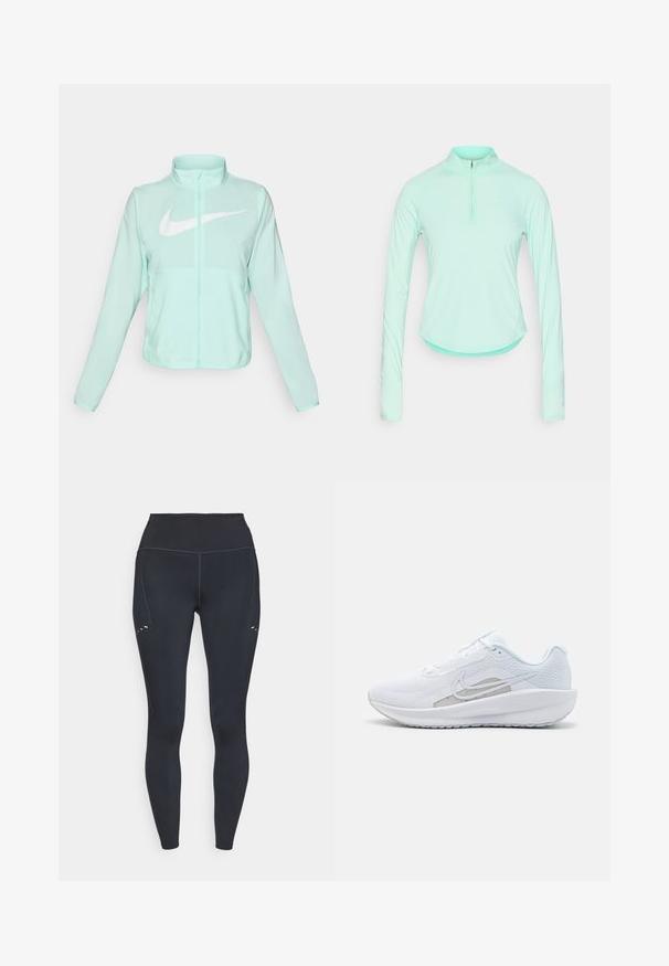 Veste Nike vert menthe avec un col haut, fermeture éclair complète, manches longues et un logo swoosh blanc bien visible sur la poitrine. Tissu léger.; T-shirt de sport à manches longues vert menthe avec un col zippé, doté d'un design ajusté et d'un tissu lisse et léger.; Leggings noirs avec une taille haute, fabriquées dans un matériau extensible, présentant des détails de couture subtils et de petites découpes sur la cuisse supérieure.; Baskets blanches avec une tige en mesh, bout rond et semelle texturée. Présentent un swoosh Nike argenté et un design minimaliste.