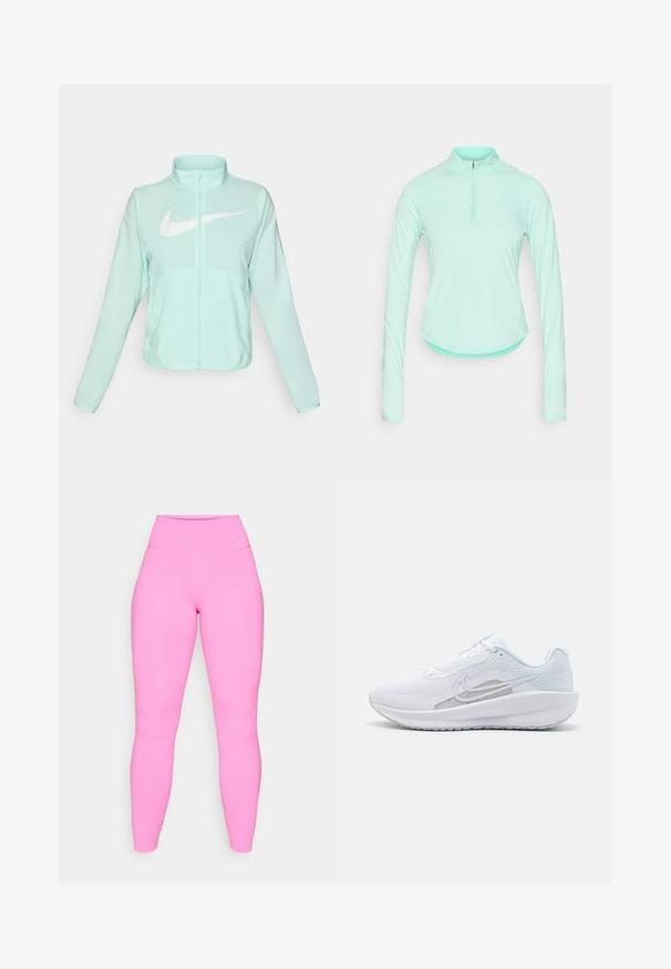 Minttu vihreä Nike-takki, jossa on korkea kaulus, täysi vetoketju, pitkät hihat ja suuri valkoinen swoosh-logo rinnassa. Kevyt kangas.; Minttivihreä pitkähihaainen urheilupaita, jossa on vetoketjullinen kaulus, ja joka on muotoiltu istuvaksi sekä valmistettu sileästä ja kevyestä kankaasta.; Vaaleanpunaiset leggingit, joissa on korkea vyötärö, valmistettu joustavasta materiaalista. Sisältää sivutaskut ja sileän pinnan, ulottuu nilkkaan.; Valkoinen urheilujalkine, jossa on verkkomateriaali ylhäällä, pyöreä varvas ja teksturoitu pohja. Varustettu hopeisella Nike-ikkunalla ja minimalistisella muotoilulla.