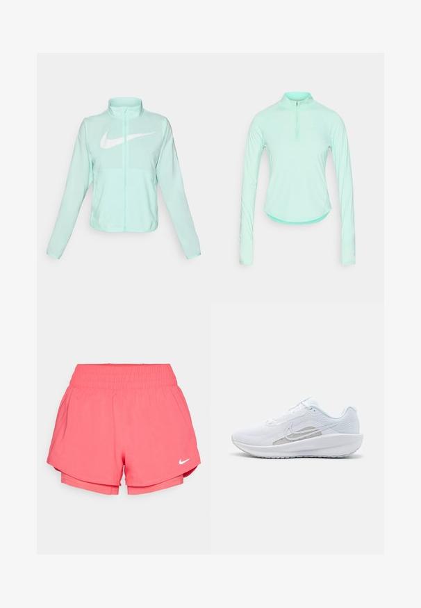Μιντ πράσινη ζακέτα Nike με ψηλό γιακά, πλήρη φερμουάρ, μακριά μανίκια και εξέχον λευκό σήμα swoosh στο στήθος. Ελαφρύ ύφασμα.; Μακρυμάνικο αθλητικό μπλουζάκι σε μέντα πράσινο χρώμα με κλειστό γιακά με φερμουάρ, που διαθέτει εφαρμοστή σχεδίαση και λεία, ελαφριά υφή.; Nike Performance ONE - Σορτς 2 σε 1 - aster pink/reflective silver; Λευκό αθλητικό παπούτσι με πλέγμα επάνω, στρογγυλή μύτη και υφασμάτινη σόλα. Διαθέτει ασημένιο σήμα της Nike και μινιμαλιστικό σχεδιασμό.