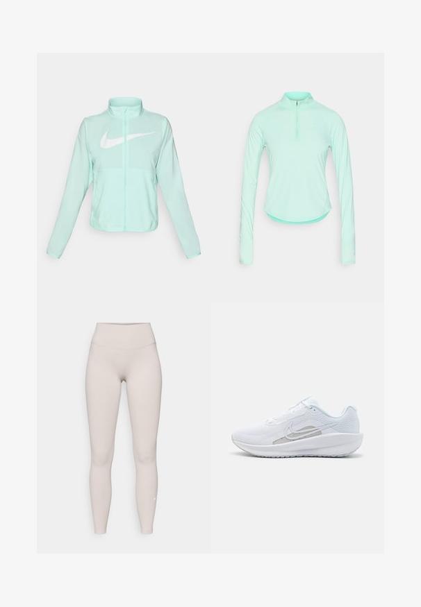 Jaka mint zelene Nike boje s visokim ovratnikom, punim patentnim zatvaračem, dugim rukavima i istaknutim bijelim Swoosh logom na prsima. Lagani materijal.; Majica dugih rukava u mint zelenoj boji za sport, s ovratnikom na zatvarač, koja ima prilagođen dizajn i glatku, laganu tkaninu.; Bež legging visoki struk izrađeni od mekanog, rastezljivog materijala, s glatkom teksturom i malim bijelim logom blizu gležnja.; Bijela atletska cipela s mrežastom gornjom površinom, zaobljenim nožnim prstom i teksturiranim potplatom. Sadrži srebrni Nike swoosh i minimalistički dizajn.