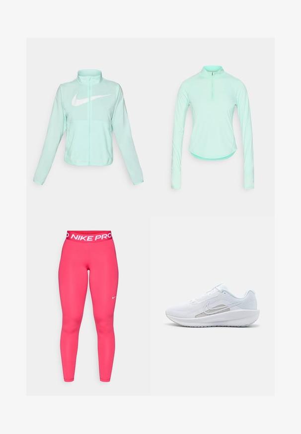 Mint green Nike jacket with a high collar, full zipper, long sleeves, and a prominent white swoosh logo on the chest. Lightweight fabric.; Mint green long-sleeve athletic shirt with a zippered collar, featuring a fitted design and smooth, lightweight fabric.; Pink Nike Pro leggings with a wide elastic waistband featuring white "NIKE PRO" text and a small white logo on the left thigh.; White athletic shoe with mesh upper, rounded toe, and textured sole. Features a silver Nike swoosh and minimalistic design.