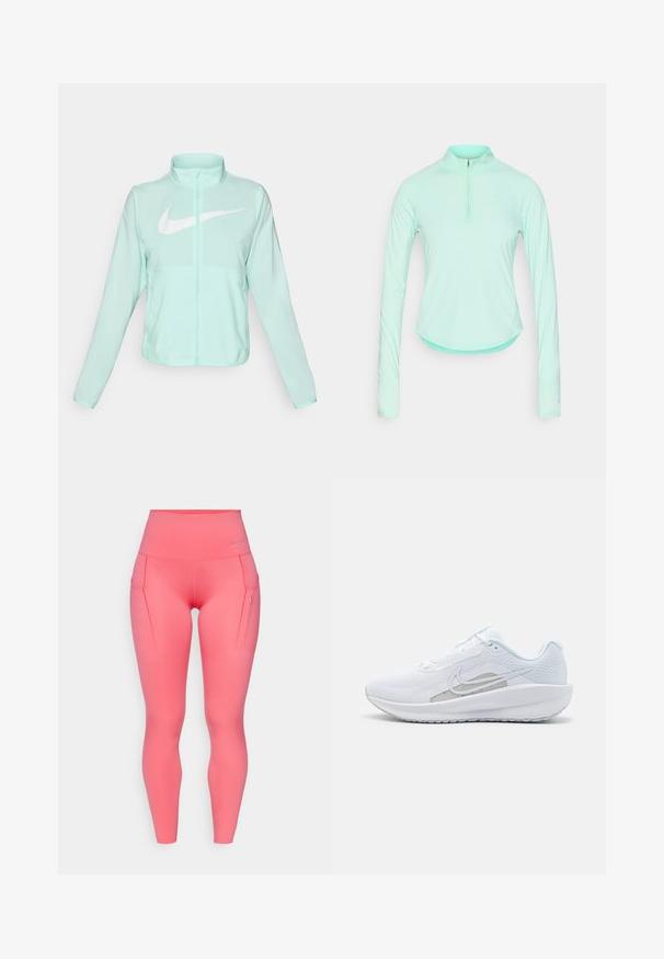 Mintgrønn Nike-jakke med høy krage, full glidelås, lange ermer og en fremtredende hvit swoosh-logo på brystet. Lettvektsmateriale.; Mintgrønn langermet treningstrøye med glidelås i kragen, med en tettsittende design og glatt, lett stoff.; Høytlivte rosa leggings med en jevn tekstur, som har to sidedekker og et lite logoakcent nær livlinjen.; Hvit sportssko med mesh-overdel, rund tå og teksturert såle. Har en sølvfarget Nike swoosh og et minimalistisk design.