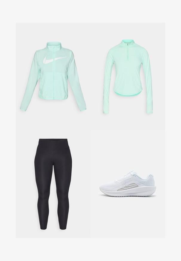 Veste Nike vert menthe avec un col haut, fermeture éclair complète, manches longues et un logo swoosh blanc bien visible sur la poitrine. Tissu léger.; T-shirt de sport à manches longues vert menthe avec un col zippé, doté d'un design ajusté et d'un tissu lisse et léger.; Leggings noirs avec une taille haute, fabriqués en matière extensible. Texture lisse et design ajusté sans coutures ni motifs visibles.; Baskets blanches avec une tige en mesh, bout rond et semelle texturée. Présentent un swoosh Nike argenté et un design minimaliste.
