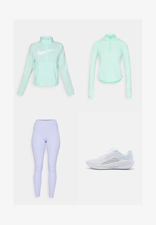 Mėtų žalios spalvos Nike striukė su aukštu apykakle, pilnu užtrauktuku, ilgomis rankovėmis ir ryškia balta swoosh logotipu krūtinėje. Lengvas audinys.; Mėtų žalios spalvos ilgomis rankovėmis sportinis marškinėliai su užtrauktuku ant apykaklės, pasižymintys prigludusia forma ir lygia, lengva medžiaga.; Šviesiai violetinės kelnės su aukštu juosmeniu, pagamintos iš elastingos medžiagos. Lygi tekstūra ir jokių matomų raštų ar detalės.; Baldas sportinis batelis su tinkleliu viršuje, apvaliu toe ir tekstūruota padais. Pabrėžia sidabrinį Nike swoosh ir minimalistinį dizainą.