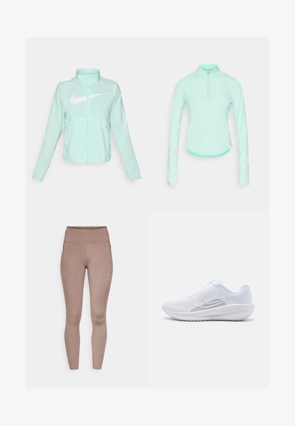 Mint zaļš Nike jaka ar augstu apkakli, pilnu rāvējslēdzēju, garām piedurknēm un izteiksmīgu balto swoosh logotipu uz krūtīm. Viegls audums.; Minta zaļa garām piedurknēm sportiska krekls ar rāvējslēdzēja apkakli, ar pieguļošu dizainu un gludu, vieglu audumu.; Brūnas augsta vidukļa legingi ar gludu tekstūru, kas aprīkoti ar sānu kabatām un nelieliem atstarojošiem akcentiem priekšpusē.; Baltas sporta apdedzinājums ar sietu augšdaļu, noapaļotu purngalu un teksturētu zoli. Tam ir sudraba Nike zvīņa un minimālisma dizains.