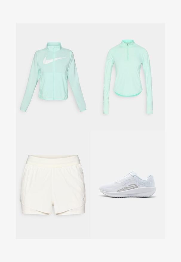 Mėtų žalios spalvos Nike striukė su aukštu apykakle, pilnu užtrauktuku, ilgomis rankovėmis ir ryškia balta swoosh logotipu krūtinėje. Lengvas audinys.; Mėtų žalios spalvos ilgomis rankovėmis sportinis marškinėliai su užtrauktuku ant apykaklės, pasižymintys prigludusia forma ir lygia, lengva medžiaga.; Grietos sportinės šortai su sluoksnių dizainu, elastinga juosta ir vidiniais aptemptais šortais. Šone yra maža mėlyna logotipas.; Baldas sportinis batelis su tinkleliu viršuje, apvaliu toe ir tekstūruota padais. Pabrėžia sidabrinį Nike swoosh ir minimalistinį dizainą.