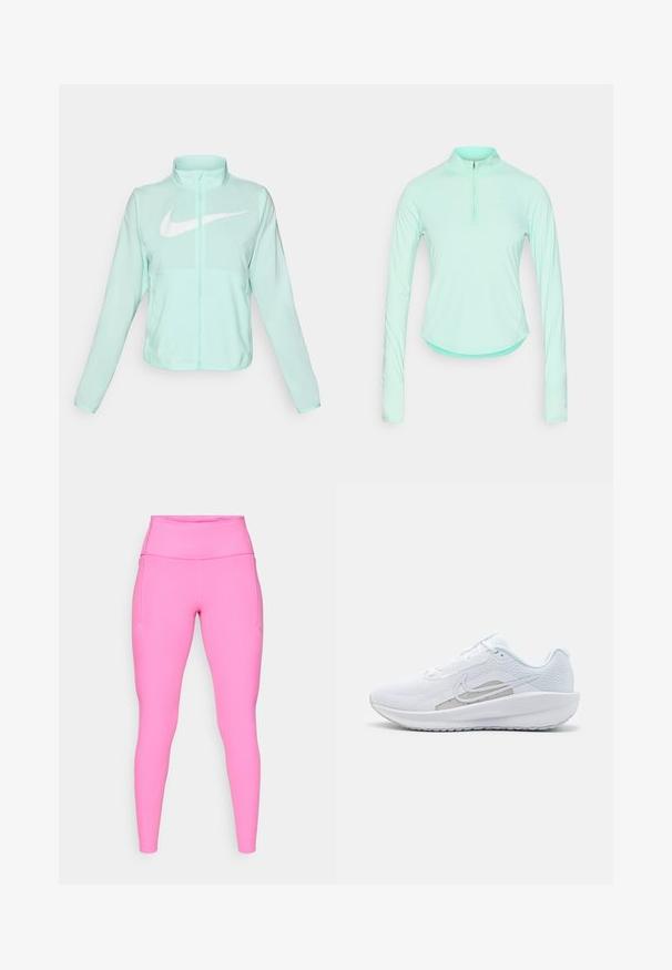 Giacca Nike verde menta con colletto alto, zipper completa, maniche lunghe e un grande logo swoosh bianco sul petto. Tessuto leggero.; Maglietta sportiva a maniche lunghe verde menta con colletto a zip, caratterizzata da un design aderente e un tessuto morbido e leggero.; Leggings rosa realizzati in materiale elastico, con vita alta e tasche laterali, dalla finitura liscia e con dettagli di cucitura minimal.; Scarpa sportiva bianca con tomaia in rete, punta arrotondata e suola testurizzata. Presenta il logo Nike in argento e un design minimalista.