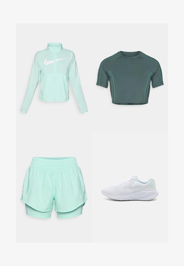 Mätovozelená Nike bunda s vysokým golierom, plným zipsom, dlhými rukávmi a výrazným bielym logom swoosh na hrudi. Ľahký materiál.; Kraťasový top vyrobený z tmavozelenej tkaniny, s krátkymi rukávmi, kontrastným svetlozeleným stehom a okrúhlym výstrihom s priliehavým strihom.; Mätovo zelené športové šortky s elastickým pásom, s vrstveným dizajnom a vnútornou podšívkou, so malým šedým logom Nike na boku.; Biele športové topánky s vrchnou časťou z jemného materiálu, textúrovaným dizajnom, okrúhlou špičkou, vypolstrovaným golierom a svetlomodrými akcentmi na päte. Gumová podrážka.