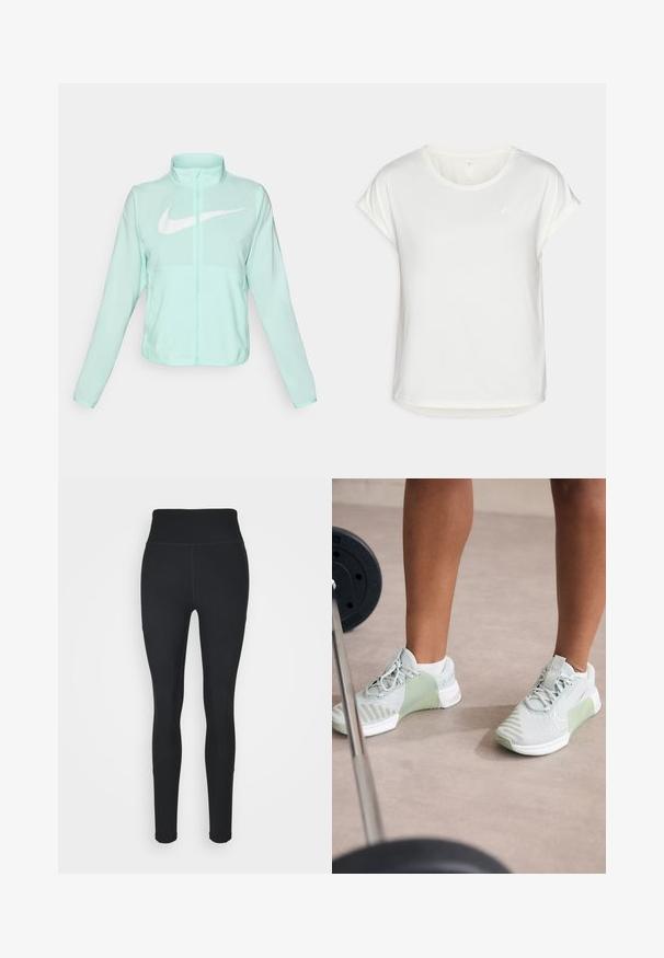 Mint green Nike jacket with a high collar, full zipper, long sleeves, and a prominent white swoosh logo on the chest. Lightweight fabric.; White short-sleeve t-shirt with a round neckline, made of smooth fabric. Features rolled sleeves and a subtle logo detail on the chest.; Black leggings made of stretchy fabric, featuring a high waistband, ribbed panels on the sides, and a fitted design tapering at the ankles.; Nike Performance METCON 9 - Training shoe - light silver/metallic silver/summit white/jade horizon