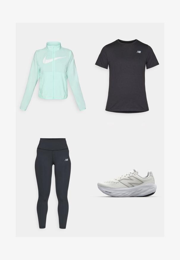 Jaka mint zelene barve Nike z visokim ovratnikom, polnim zadrgo, dolgimi rokavi in izrazitim belim logotipom swoosh na prsih. Lahka tkanina.; Črna majica s kratkimi rokavi iz mehkega blaga, z majhnim sivim logotipom New Balance na zgornjem levem prsnem delu, klasična zasnova okroglega izreza.; Črne atletske leggins hlace z visokim pasom, ki imajo gladko teksturo in majhen bel logotip New Balance na stegnu.; Bele atletske čevlje z mrežastim zgornjim delom, ki imajo oblazinjen ovratnik, teksturiran podplat in logo "Fresh Foam" na srednjem podplatu.