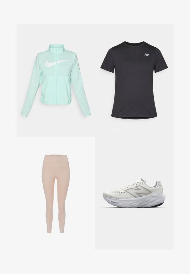 Giacca Nike verde menta con colletto alto, zipper completa, maniche lunghe e un grande logo swoosh bianco sul petto. Tessuto leggero.; T-shirt nera a maniche corte realizzata in tessuto morbido, con un piccolo logo grigio New Balance posizionato sulla parte superiore sinistra del petto, design classico con girocollo.; Leggings a vita alta in nude, realizzati in un materiale liscio ed elastico, dotati di tasche laterali e di un design aderente, che si restringe fino alle caviglie.; Scarpe sportive bianche con tomaia in rete, dotate di collo imbottito, suola testurizzata e il marchio "Fresh Foam" sulla intersuola.