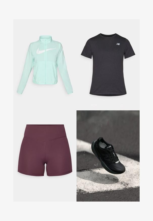 Jaka mint zelene Nike boje s visokim ovratnikom, punim patentnim zatvaračem, dugim rukavima i istaknutim bijelim Swoosh logom na prsima. Lagani materijal.; Crna majica s kratkim rukavima napravljena od mekanog materijala, s malim sivim New Balance logotipom na gornjem lijevom dijelu prsnog koša, klasičnog dizajna s kružnim izrezom.; Ljubičasti sportski šortsen od rastezljivog materijala, s visokim strukom i glatkom teksturom, s kontrastnim šavovima.; Crne trkaće cipele s teksturiranim gornjim dijelom, elegantnom dizajnom i reflektirajućim akcentima. Imaju mekan, udoban potplat za udobnost.