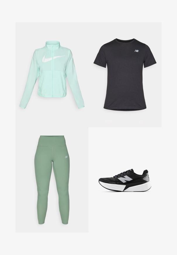 Mündroheline Nike jakk kõrge krae, täispikk tõmblukuga, pikkade varrukatega ja silmapaistva valge swoosh-logo kaeluse peal. Kerge kangas.; Must beebi särk, millel on lühikesed varrukad ja pehme kangas, ülaosas vasakul rinnal on väike hall New Balance'i logo, klassikaline ümar kaelus.; Korke waist öösid, which on muted green kangas, omavad sileda tekstuuri ja tihedat lõike disaini. Väike tumehall logo ülemisel jalal.; Mustvalge New Balance jooksujalats, millel on paks tallar ja võrkkangast ülemine osa, ning külgvaates on näha ka „N” logo.