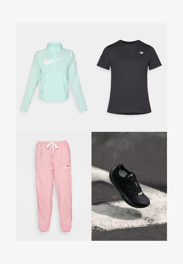 Casaco Nike verde menta com colarinho alto, fecho completo, mangas longas e um proeminente logótipo swoosh branco no peito. Tecido leve.; T-shirt preta de manga curta feita de tecido suave, com um pequeno logótipo cinza da New Balance no canto superior esquerdo do peito, design clássico de decote redondo.; Ellesse VELAM - Calças de fato de treino - pink; Sapatilha de corrida preta com um cabedal texturizado, design elegante e detalhes reflexivos. Apresenta uma sola macia e acolchoada para maior conforto.