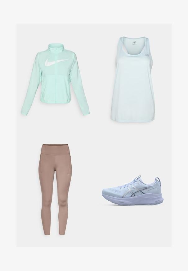 Giacca Nike verde menta con colletto alto, zipper completa, maniche lunghe e un grande logo swoosh bianco sul petto. Tessuto leggero.; New Balance SPORT ESSENTIALS TANK - Top - frosted glass; Leggings marroni a vita alta con una texture liscia, dotati di tasche laterali e piccoli dettagli riflettenti sul davanti.; Scarpa da corsa azzurro chiaro con tomaia in rete, dettagli riflettenti argentati, suola ammortizzata e battistrada in gomma texturizzata per una migliore aderenza.